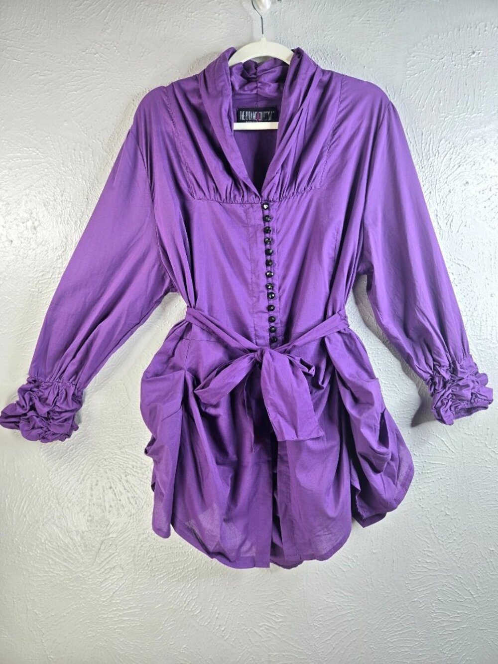 The Pyramid Collection Tunic Top XL Purple Button Ruched Drape Shirt Avant Garde